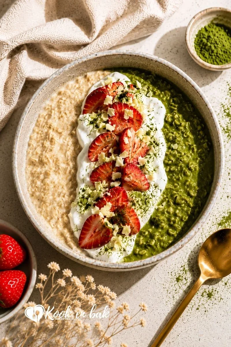 Matcha Oats met yoghurt en aardbeien www.kookenbakrecepten.nl
