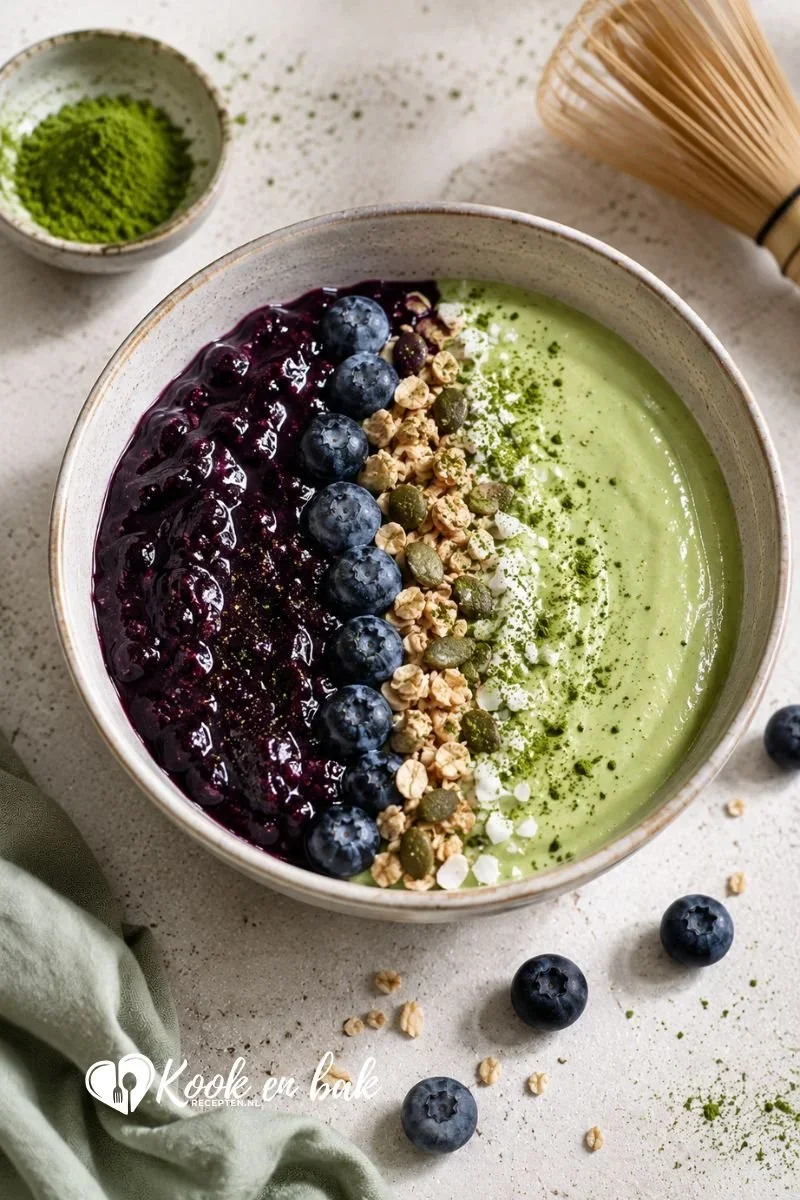Matcha Yoghurt Bowl met blauwe bessen www.kookenbakrecepten.nl