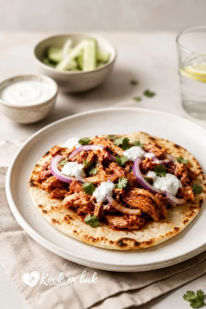 Pulled Chicken Flatbread www.kookenbakrecepten.nl