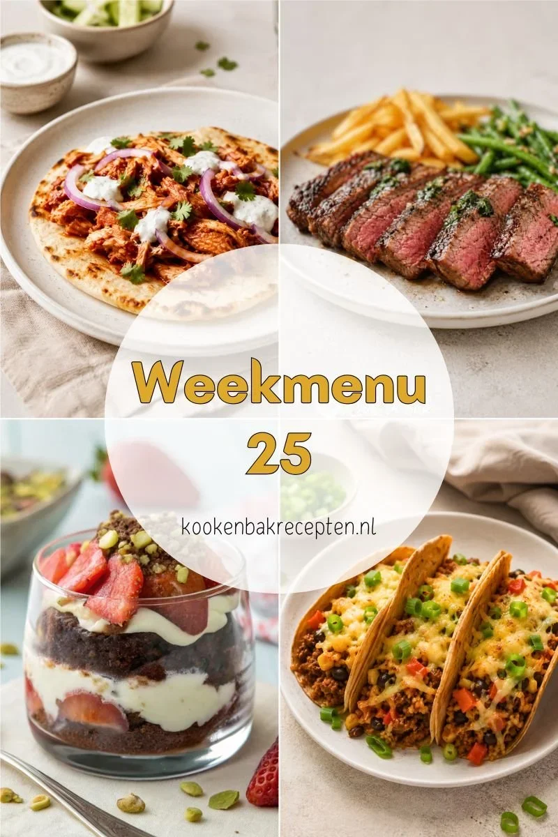 Weekmenu 25 Taco Wraps, Biefstuk & Pulled Chicken Flatbread + Bonusrecepten www.kookenbakrecepten.nl
