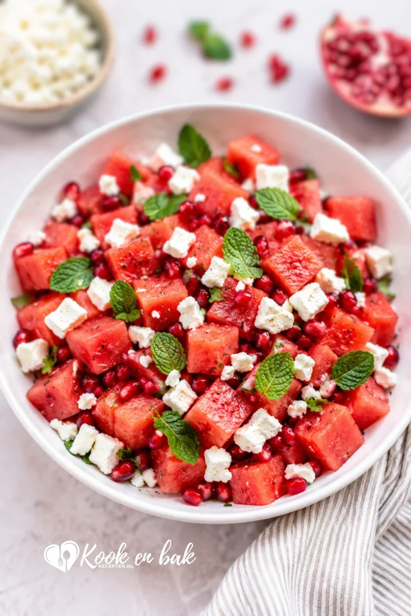 watermeloensalade met feta en granaatappelpitjes www.kookenbakrecepten.nl