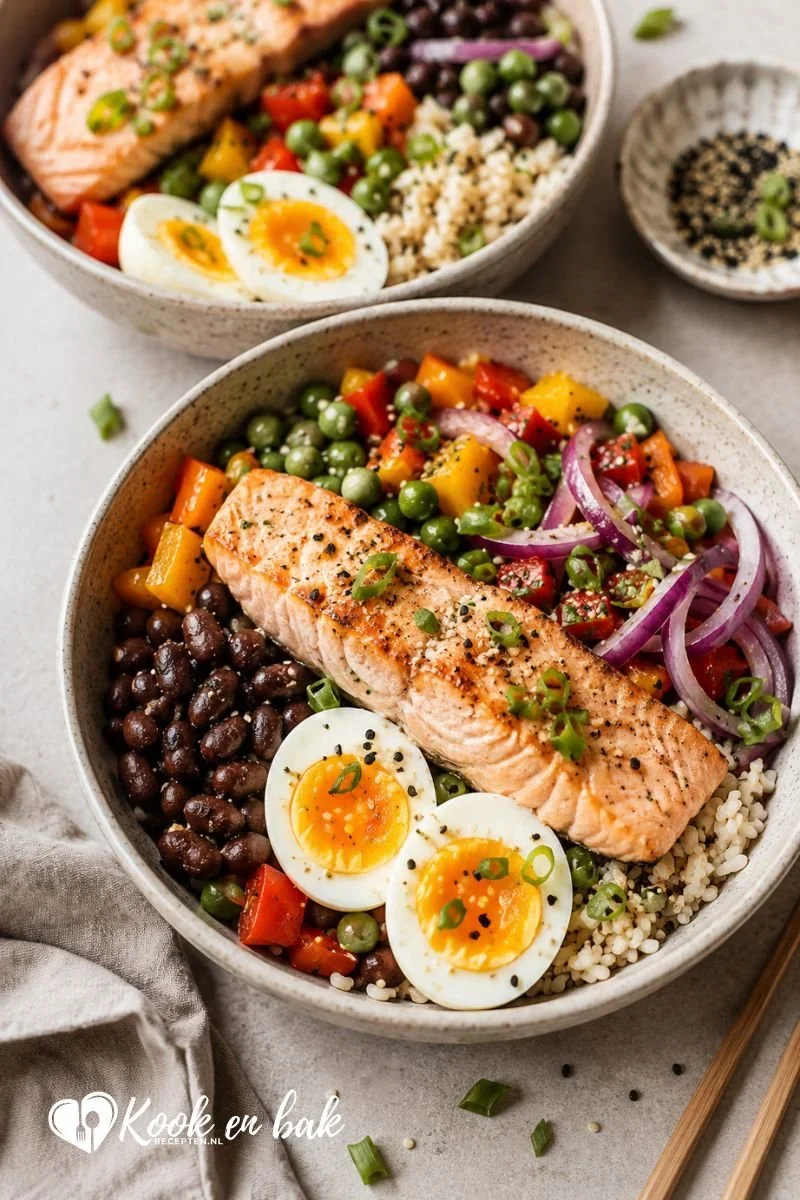 High Protein Bowl met Zalm, Zwarte Bonen & Groenten www.kookenbakrecepten.nl