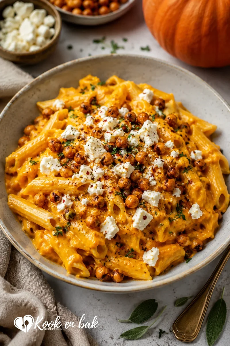 Romige pompoenpasta met feta en crispy kikkererwten www.kookenbakrecepten.nl