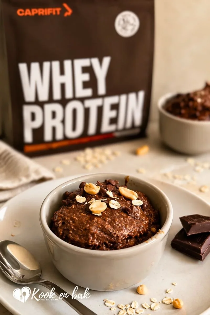 Snickers Protein Baked Oats met een lava pindakaaskern www.kookenbakrecepten.nl
