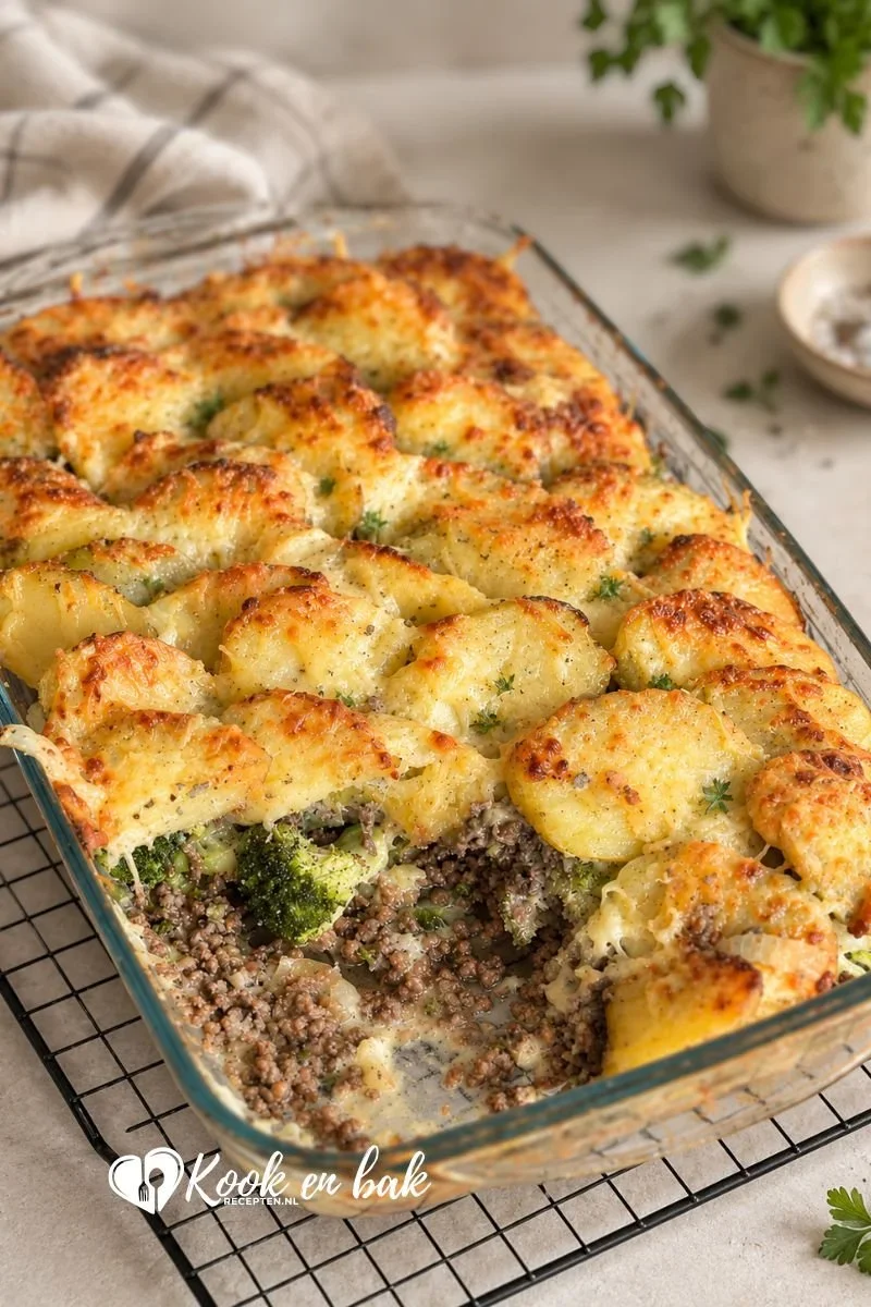 Romige aardappel ovenschotel met gehakt en bechamelsaus www.kookenbakrecepten.nl