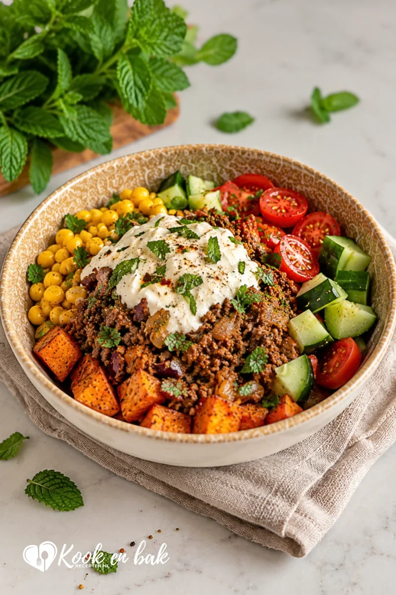 Loaded zoete aardappel met gehakt en frisse toppings