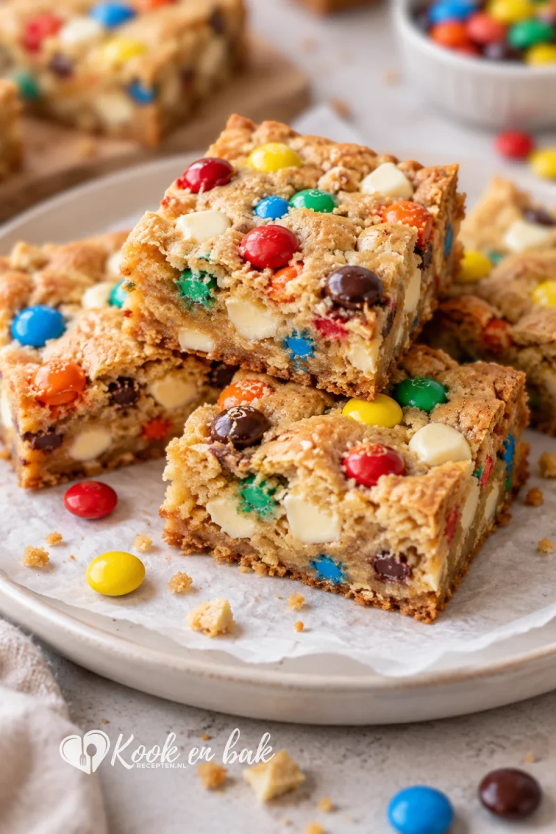 Smeuïge blondies met witte chocolade en kleurrijke M&M’s op een bord