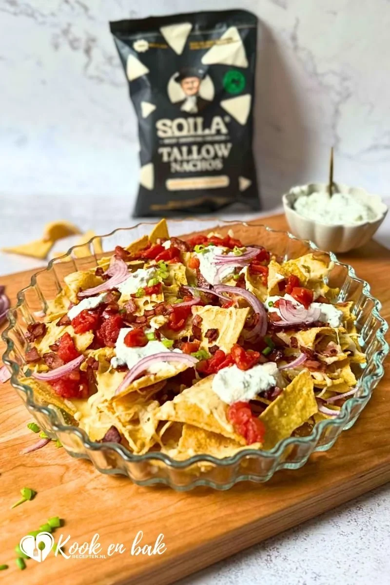 Loaded nacho's met kalkoenbacon en cottage cheese (Soila).