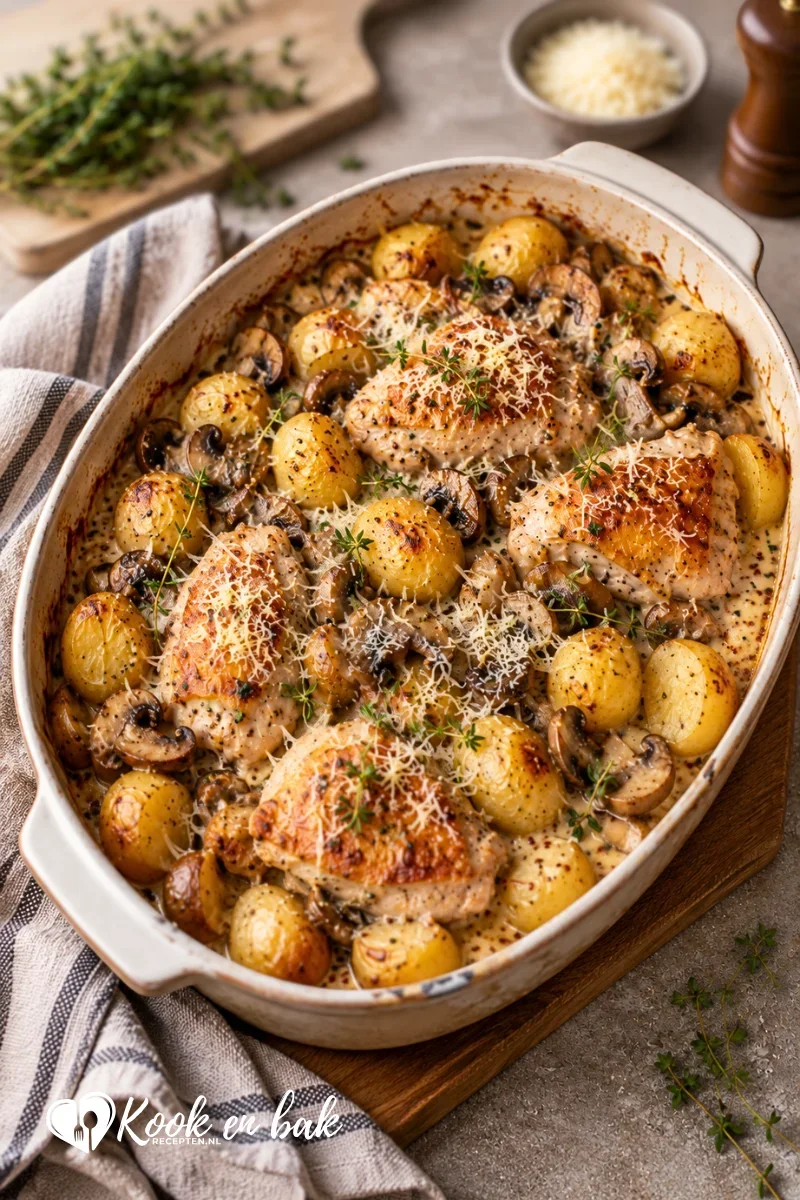 romige kip met champignons en krieltjes uit de oven